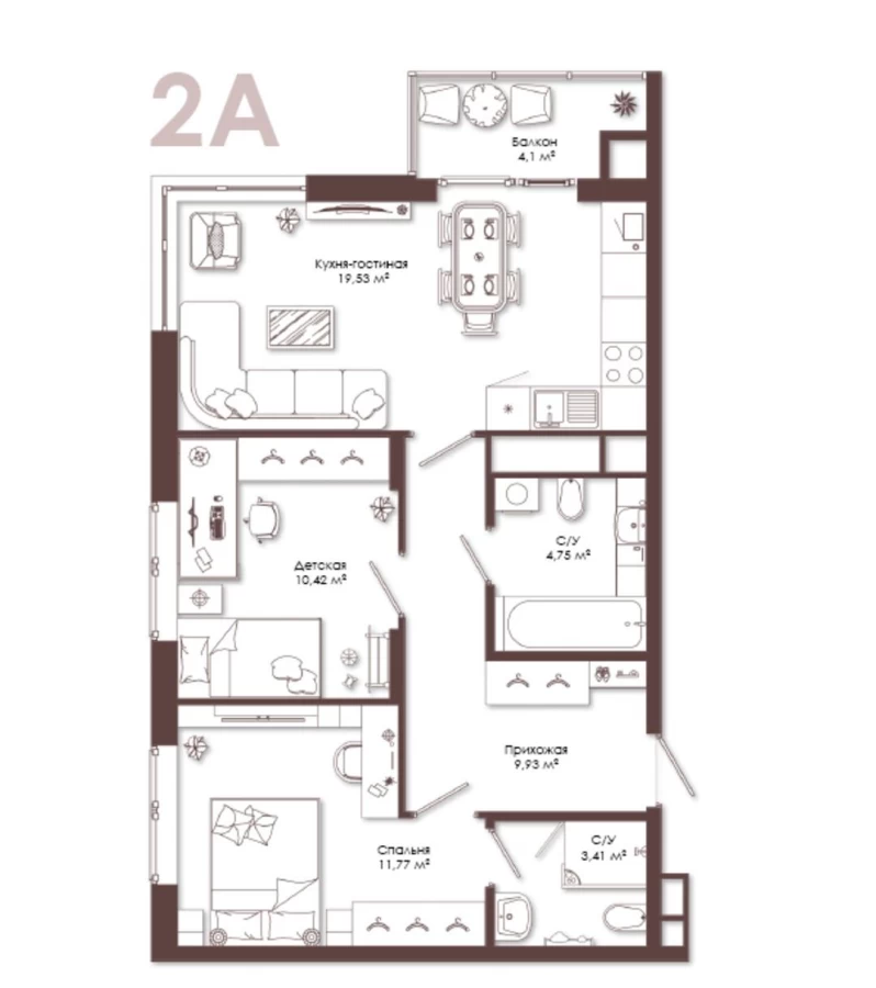 2-х комнатная квартира с балконом площадью 60.92м2